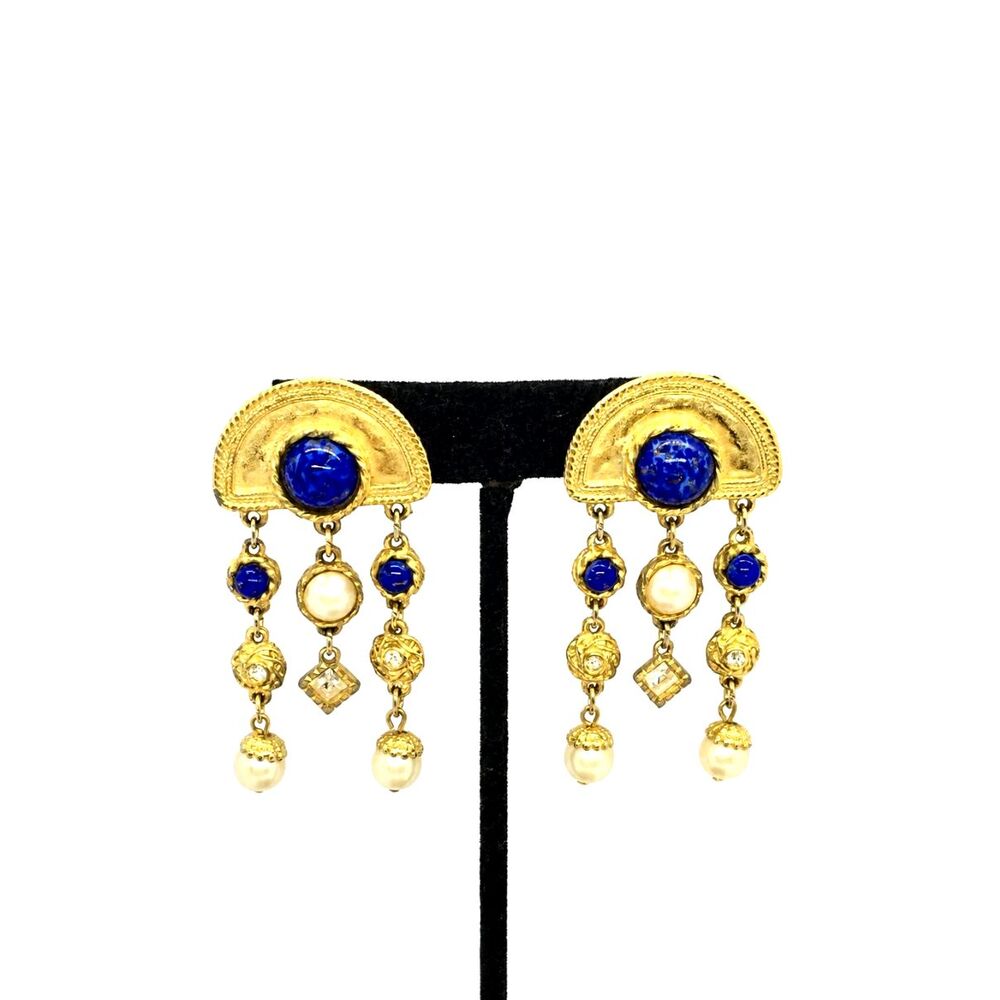 VINTAGE ETRUSCAN REVIVAL Earrings Lapis Gold Tone Blue Glass Faux Pearl